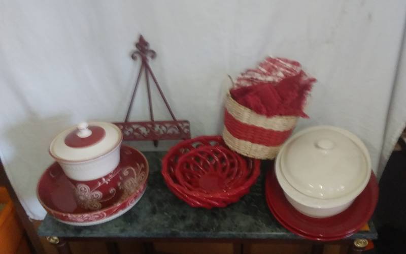 Pier I Cookie Jar & Large Bowl, Longaberger Pottery Baker, 2-Red Platters, Cook Book Easel, Braided Bread Bowls, Kitchen Linens, Basket