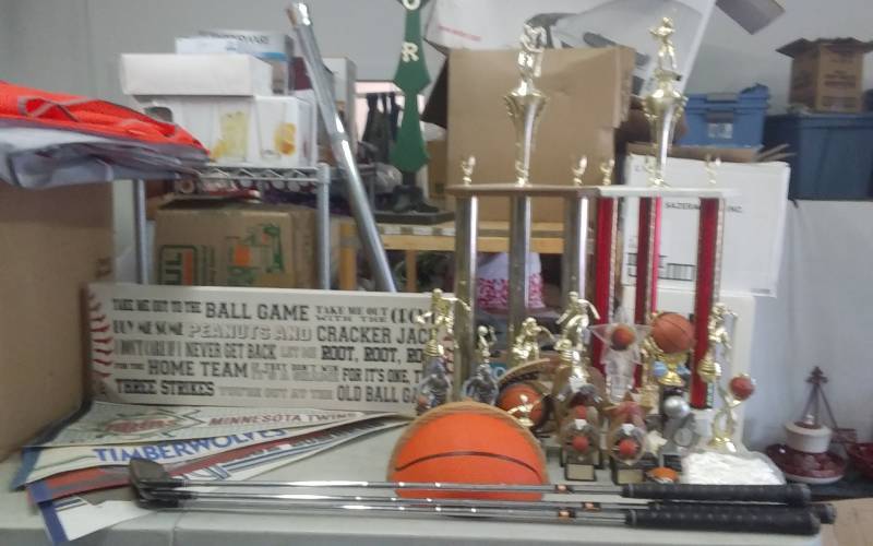 Golf Clubs, Sports Pennants, Baseball Wall Sign (Kohls $50), Basketball Shelf & New Net, Trophies