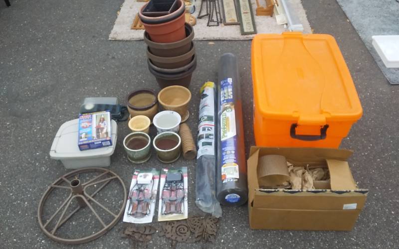 Large Lot Of OutdoorPatioLawnGarden Related Planter Pots, Umbrella Stand, Hose Rack, Magic Magnet Screen, Landscape Fabric