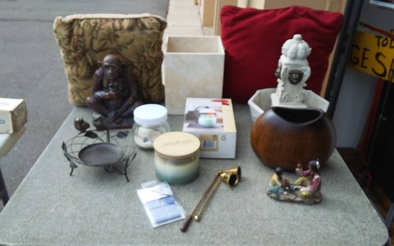 Home Decor Monkey Statue, Stone Trash Can, Fountain, Candles, Misc