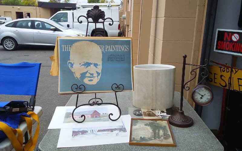 Vintage Eisenhower Painting Prints, Easel, Clock, Stone Trash Can, Old Photographs