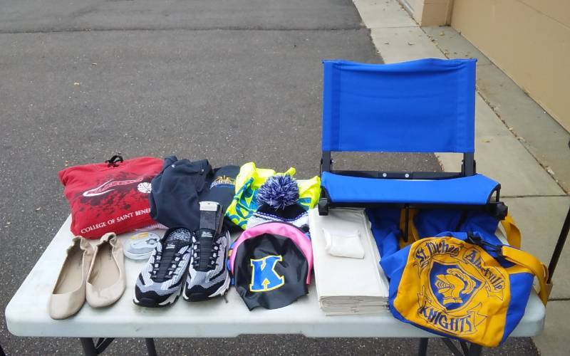 St Michael-Albertville Stadium Seat, Duffel Bag, Apparel, Swim Caps, 2-Pair Shoes 7-12 & 8-12, Fabric Shoe Storage