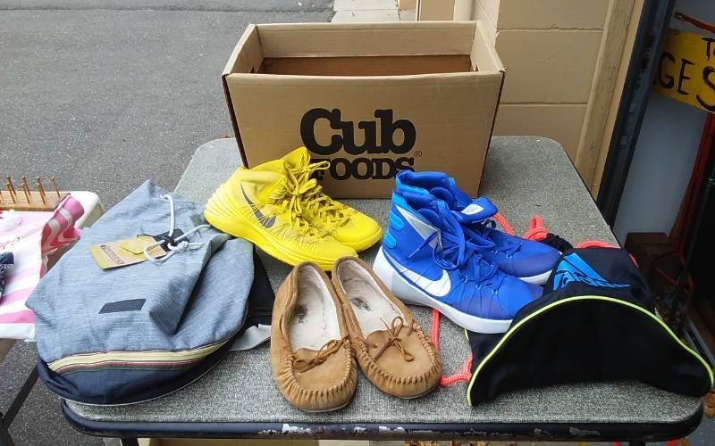 2-Pair NIKE High Tops (Mens Size 8), 1-Pair Minnetonka Mocs, 2-Back Sacks