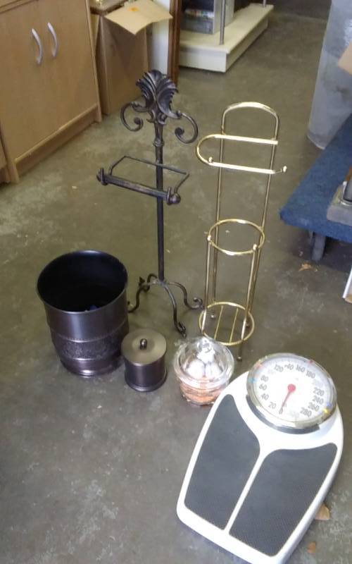 Lot Of Bathroom Related Scale, TP Racks, Stash Box, Bath Bombs