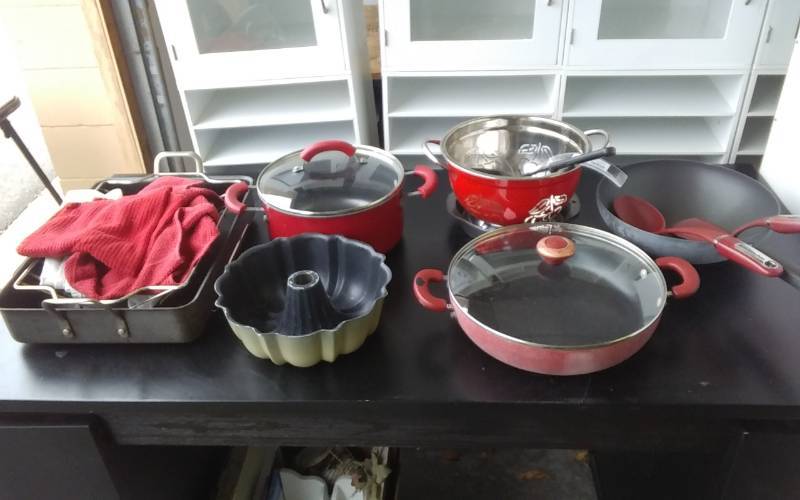 Assorted Pots, Pans, Roaster, Collander, Utensils, Bundt Pan, Includes Tote With Lid
