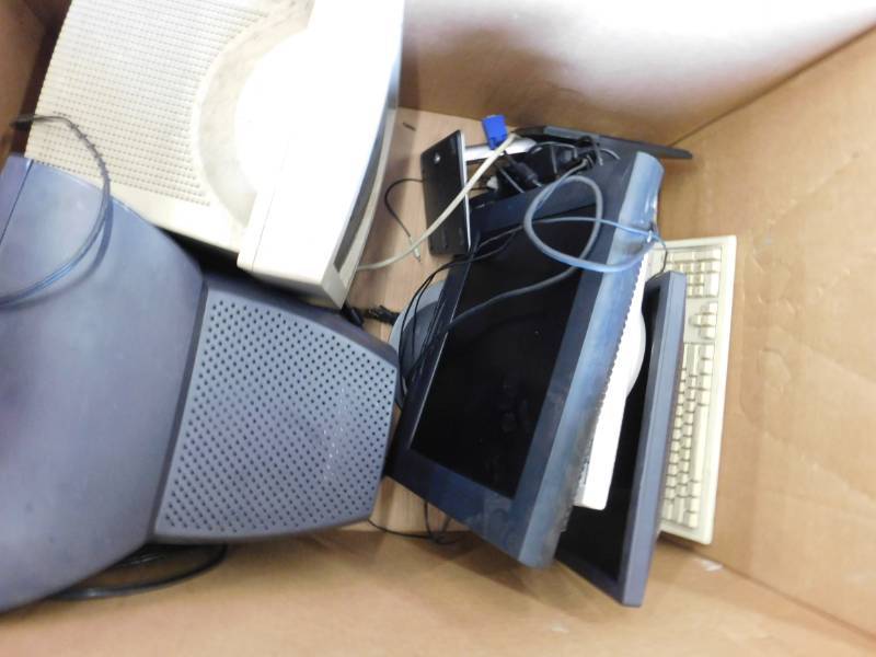 lot 25 image: Box of Monitors, Keyboards & Pair of Speakers