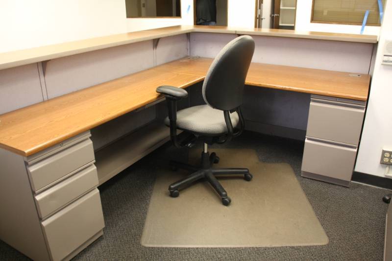 Reception Desk and Counter with 2 under Desk File Cabinets and 1 36 File Cabinet, Chair and Flour Mat