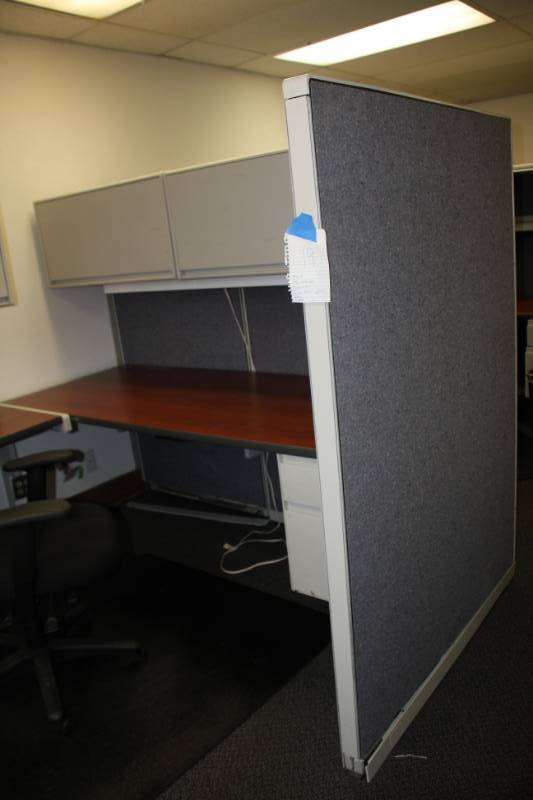 Desk and Cubicle, Filing Cabinet, 26 x 40 x 15 2 Cubicle Panels, 2 over head Cabinets, Chair, Mat, Room 3