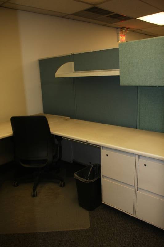 L Shape Desk, with Blue panel Cubicle, and Wall Unit Room 5