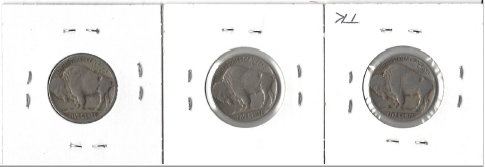 Three Different Buffalo Nickels - 1930, 1934, & 1936