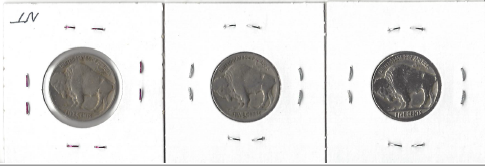 Three Different Buffalo Nickels - 1936, 1936-D, & 1936-S