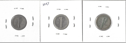 Three Different Mercury Dimes - 1920, 1929, & 1934