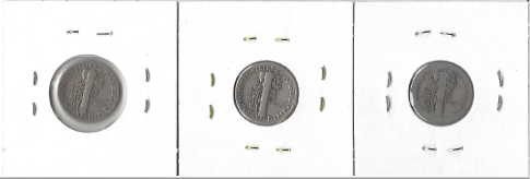 Three Different Mercury Dimes - 1917, 1927, & 1935