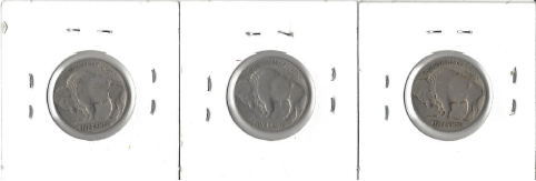 Three Different Buffalo Nickels - 1927, 1928, & 1929