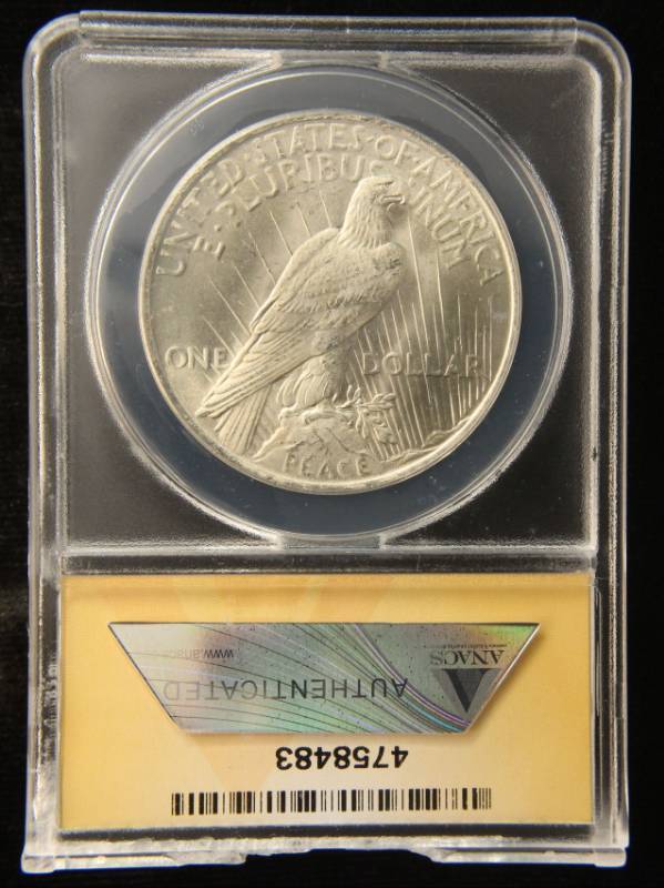 lot 34 image: 1923 PEACE SILVER DOLLAR MS64 ANACS