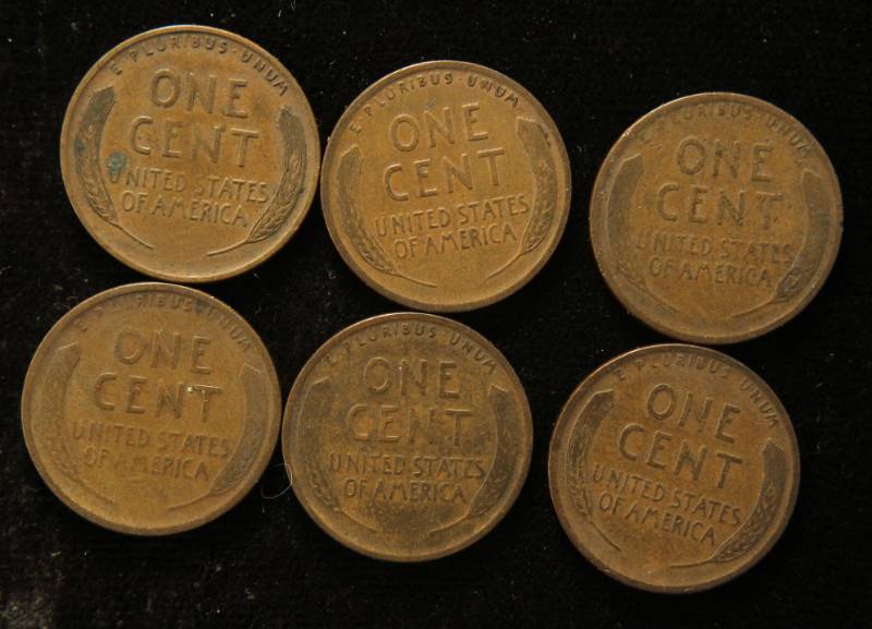 lot 52 image: 6 EARLY DATE US WHEAT CENTS 1917 P-D-S & 1918 P-D-S
