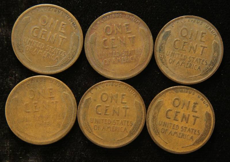 lot 54 image: 6 EARLY DATE US WHEAT CENTS 1919 P-D-S & 1920 P-D-S