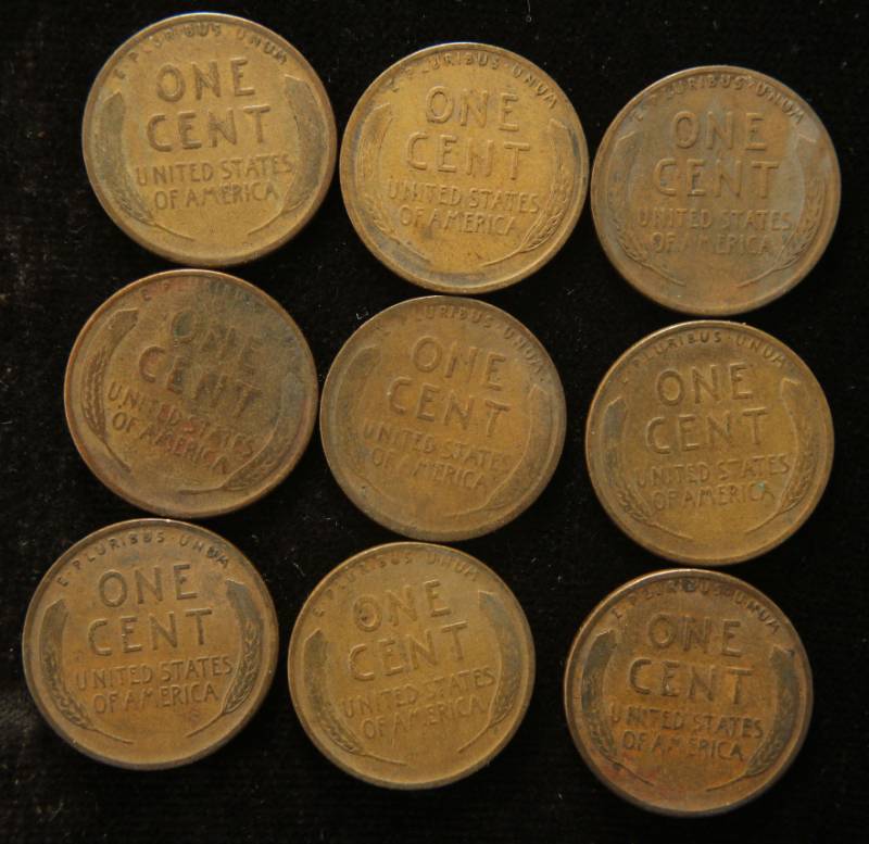 lot 64 image: 9 US WHEAT CENTS 1927 P-D-S 1928 P-D-S 1929 P-D-S