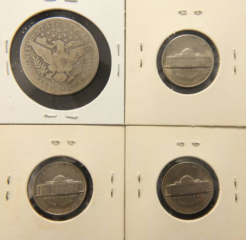 lot 73 image: 4 COINS 1912-D BARBER HALF DOLLAR & 3 JEFFERSON NICKELS