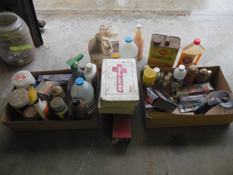 Assorted cleaners, first aid, flare...