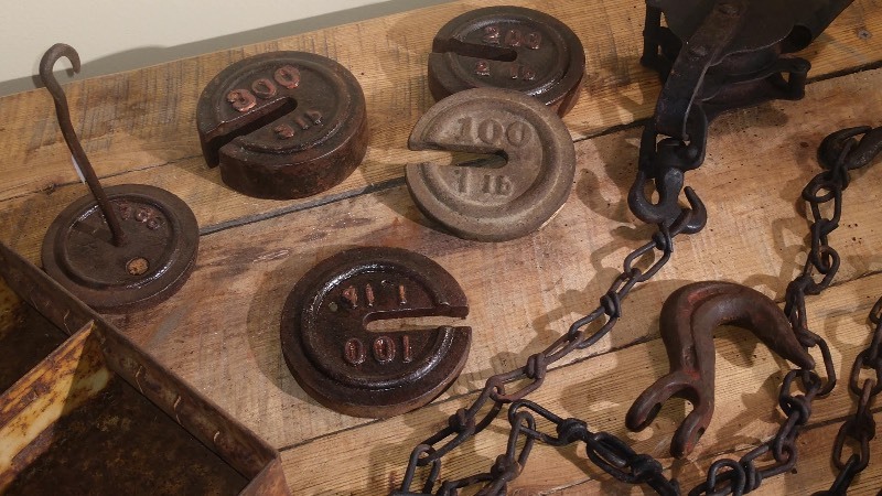 Three Compartment Metal Parts Bin, Weights, Pulley and Chains, Hook, Cast Iron Cobbler Anvils
