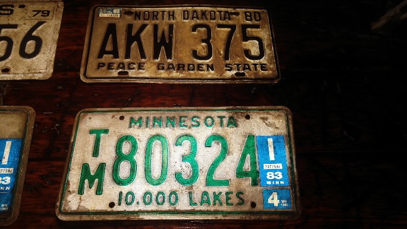Vintage License Plates (RR 7656, AKW 375, TM80324, CD 8281)
