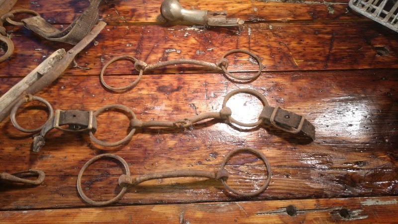 Cast Iron and Wood Horse Hames, One brass Ball End, and Cast Iron Horse Bits