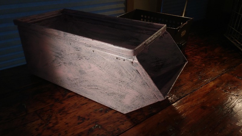 Vintage Industrial Metal Stackable Parts Bin (Pastel Pink)&nbspand Gym Locker Basket (Olive Green)