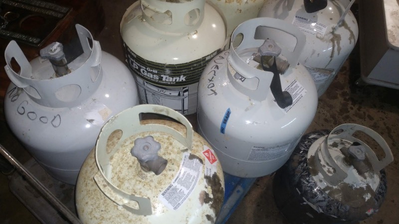 Empty Propane Tanks (7) and Flatbed Cart