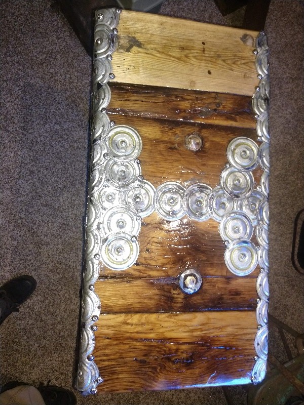 Ornate Iron Wood Plank End Table w Swirl Tin Handmade Design