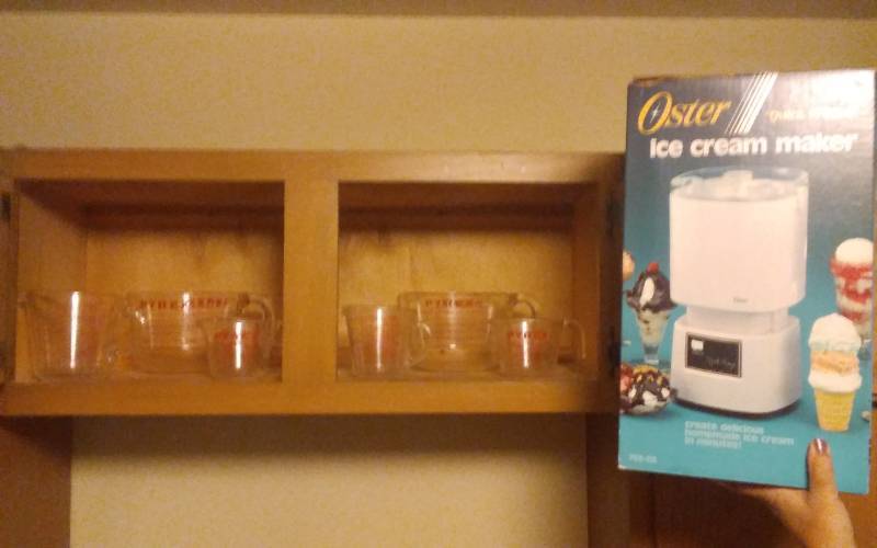 lot 45 image: Cupboard Of Pyrex Measures, Oster Ice Cream Machine
