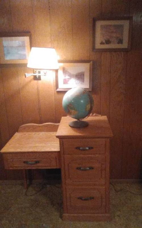 lot 59 image: 3 Drawer Oak Desk With Storage 40x23x37, Vintage Globe (Physigraphic-Weber Costello), Pictures On The Wall & Light Fixture