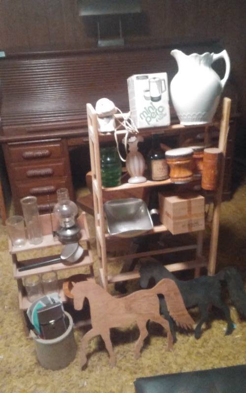 lot 72 image: 2-Wood Shelves, Horses, Crock, Large Pitcher, Old Misc Stuff