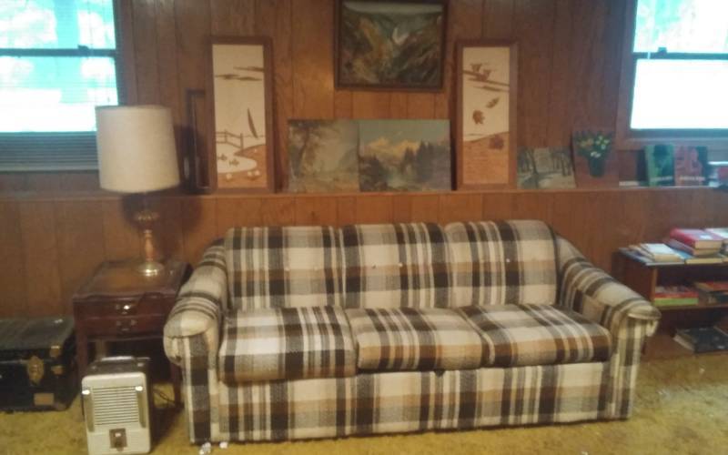 lot 73 image: Sleeper Sofa, Side Table, Lamp, Heater, Pictures