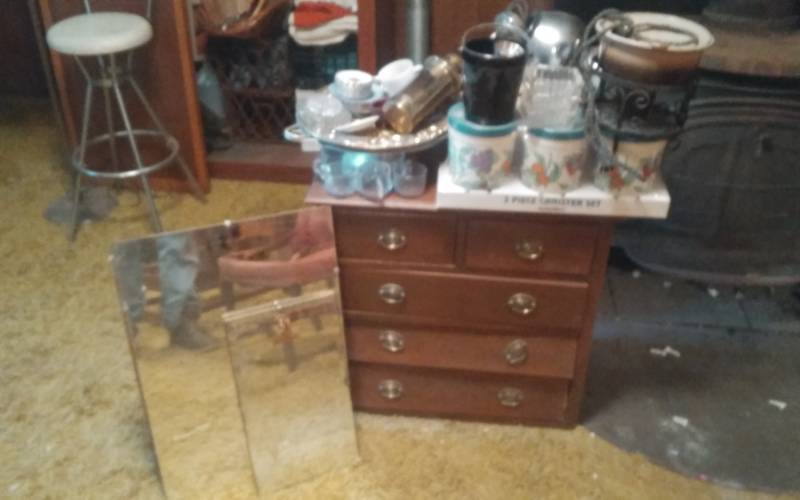 lot 74 image: Wood Cabinet With Kitchen Misc 27x14x26 & Old Mirrors