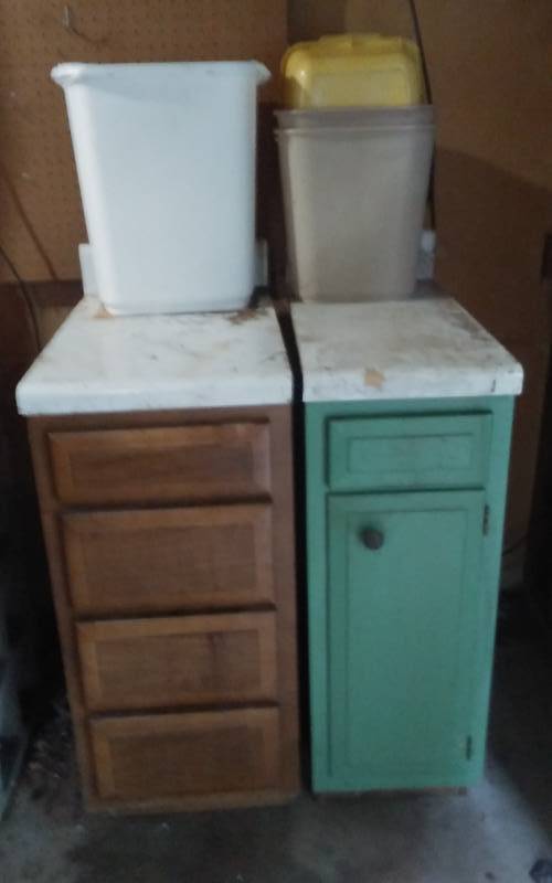 lot 102 image: 2-Cabinets & Garbage Cans 15 In x 35, 12 In. X 35 Tall
