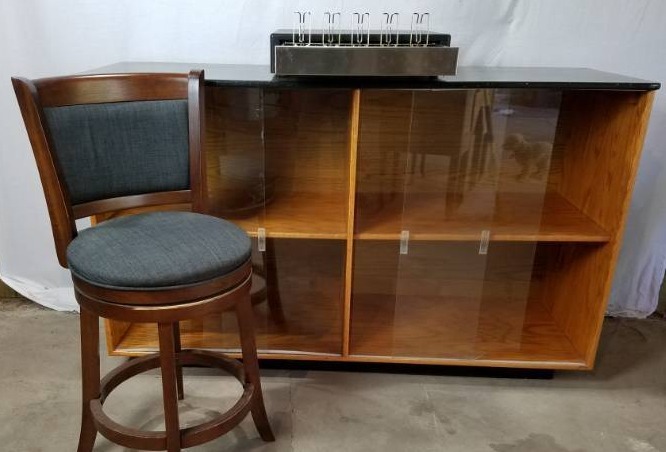 lot 26 image: Cash Drawer Glass Counter Display Case and Wood Stool
