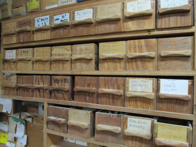 lot 135 image: Lot of 30 Vintage Wooden HardwareParts Drawers wContents