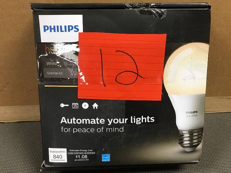 lot 12 image: Philips Hue White A19 60W Equivalent Smart Bulb Starter Kit (Compatible with Amazon Alexa, Apple HomeKit, and Google Assistant)