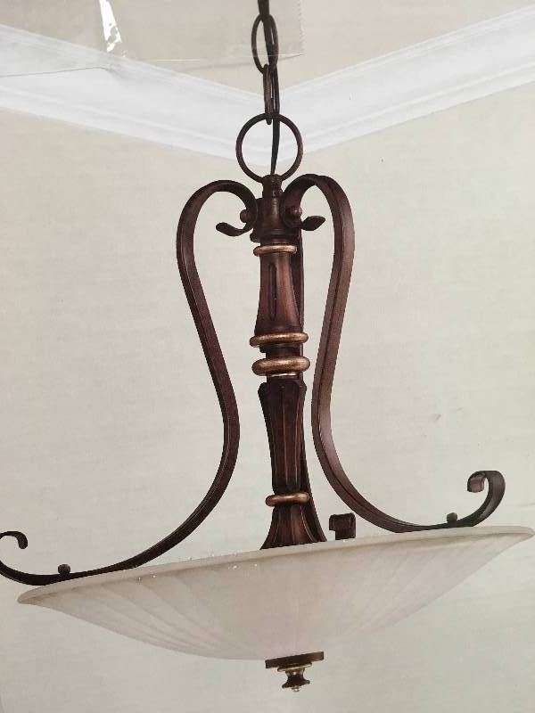 lot 16 image: Hampton Bay 17262 Reims 3-Light Berre Walnut Pendant new