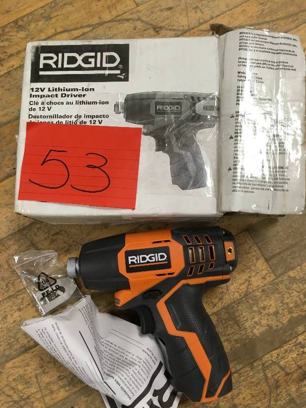 lot 53 image: RIDGID, R82230N, 12-Volt Lithium-Ion Cordless Impact Driver (Bare Tool) in working conditions