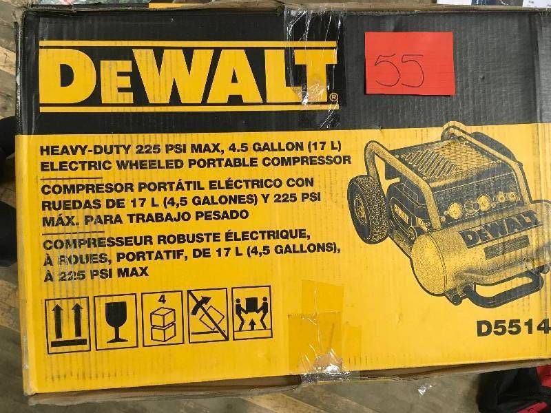 lot 55 image: DEWALT 4.5-Gallon Portable Electric Horizontal Air Compressor in working conditions