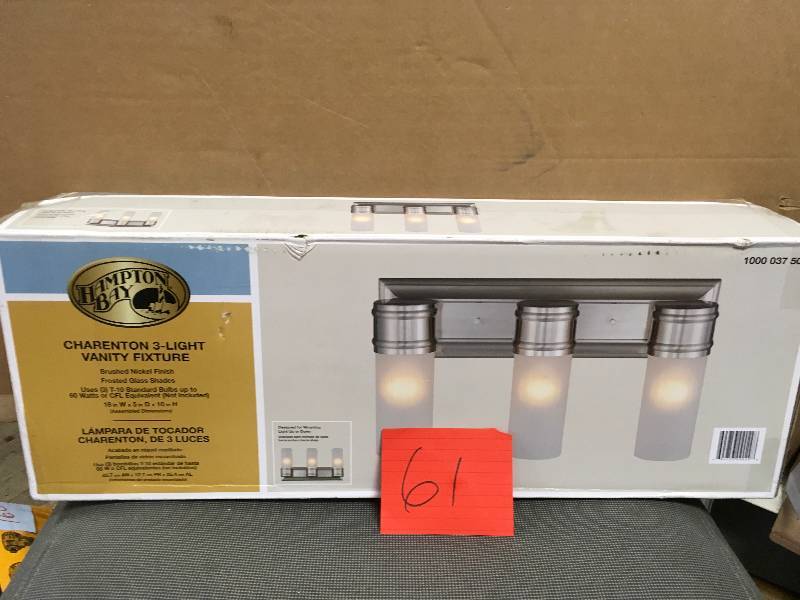 lot 61 image: Hampton Bay Charenton 3-Light Vanity Fixture Brushed Nickel New