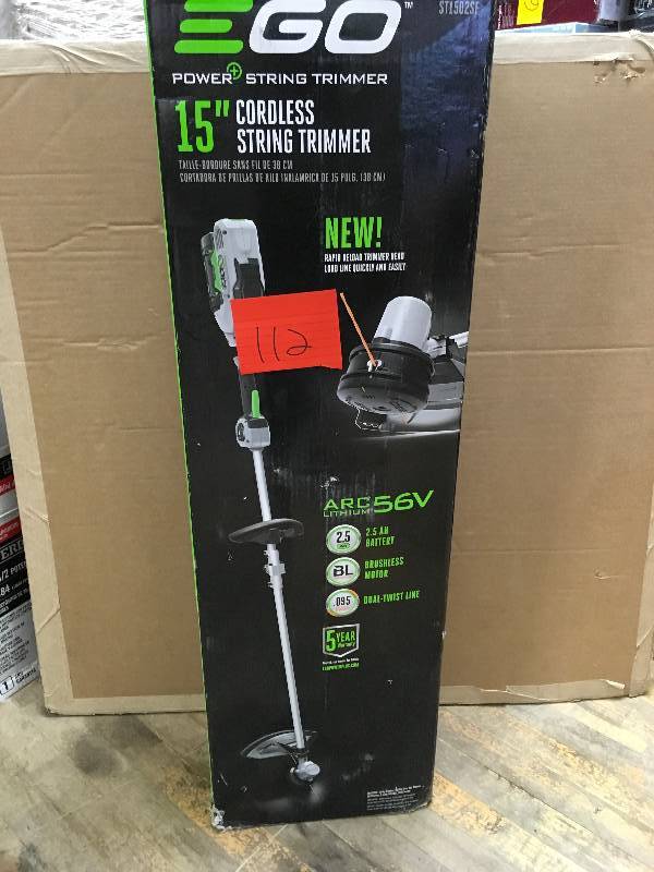 lot 112 image: EGO Power 15-Inch 56-Volt Lithium-Ion Cordless Brushless String Trimmer - 2.0Ah Battery and Charger Kit in good conditions