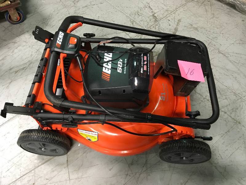 lot 16 image: ECHO 21 in. 58-Volt Brushless Lithium-Ion Cordless Battery Walk Behind Push Lawn Mower - BatteryCharger Not Included USED NO KEY in working conditions