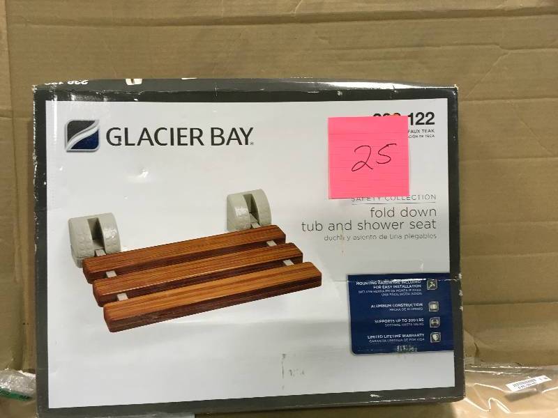 lot 25 image: Glacier Bay Fold Down Tub and Shower Seat in Faux Teak 238 122 in good conditions