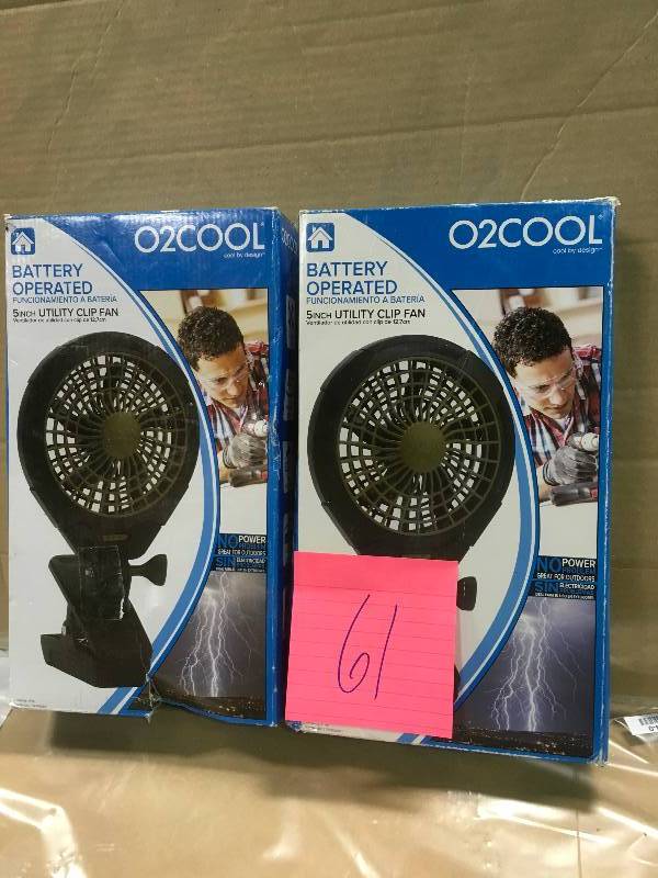 lot 61 image: LOT OF 2 O2COOL 5 Battery Operated Clip Fan - Adjustable, Rotating, Tilt & Swivel Feature Portable Fan in good conditions
