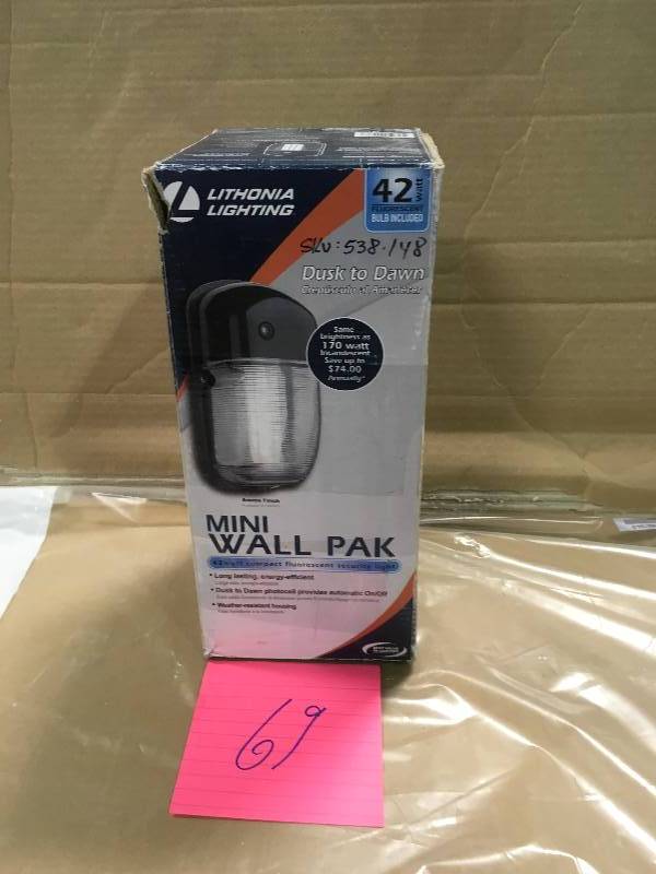 lot 69 image: Lithonia Lighting Dusk to Dawn Wall Mount Wall Pack w42 Watt Fluorescent Bulb   USED