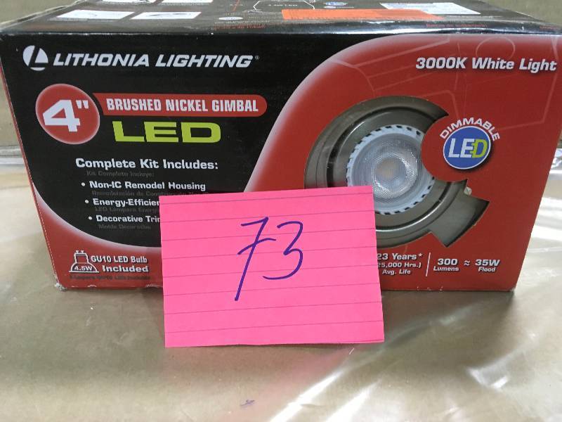 lot 73 image: LITHONIA LIGHTING 4 IN. BRUSHED NICKEL INTEGRATED LED RECESSED KIT GIMBAL LAMPED in good conditions