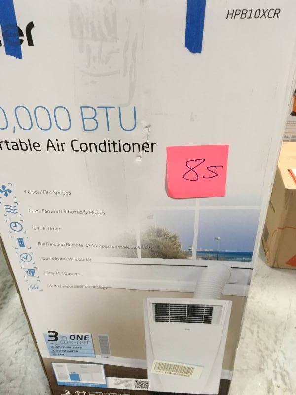 lot 85 image: Haier 10,000 BTU Portable 3 Speed Air Conditioner with Dehumidifier HPB10XCR  USED in working conditions